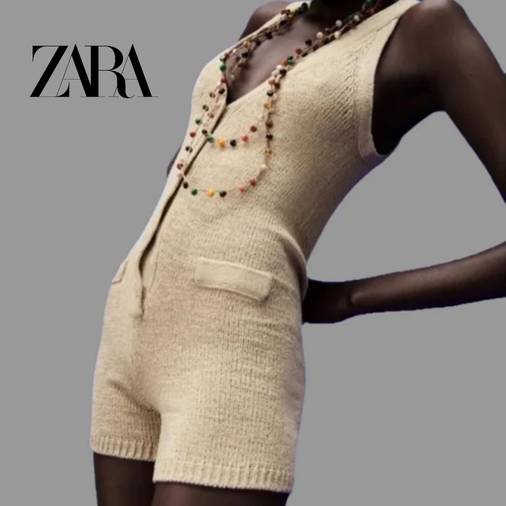 NWOT Zara Knit Sand Beige Romper, Size L